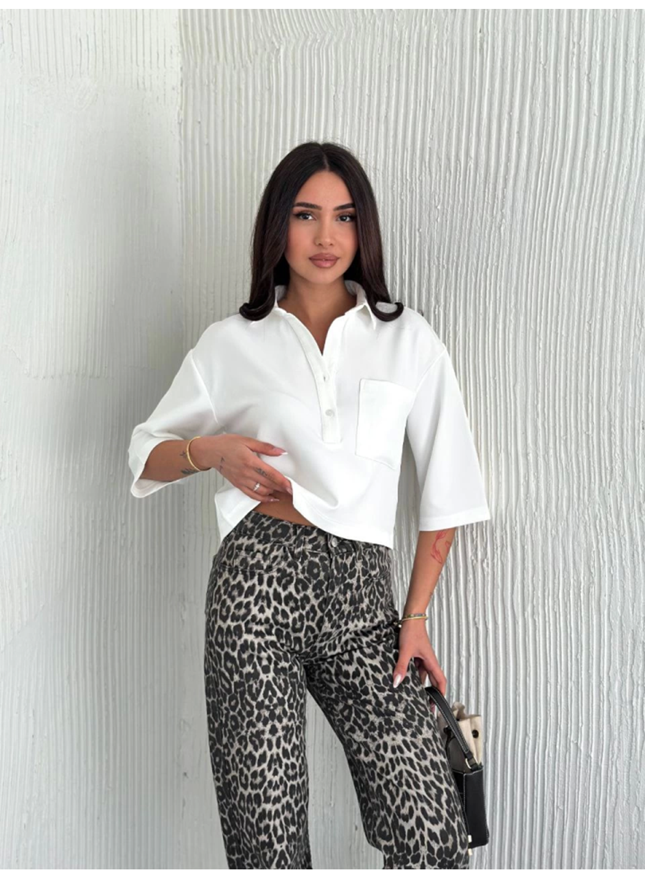 Crop Yakalı Gömlek Üç Çeyrek Sleeve Kol - Beyaz
