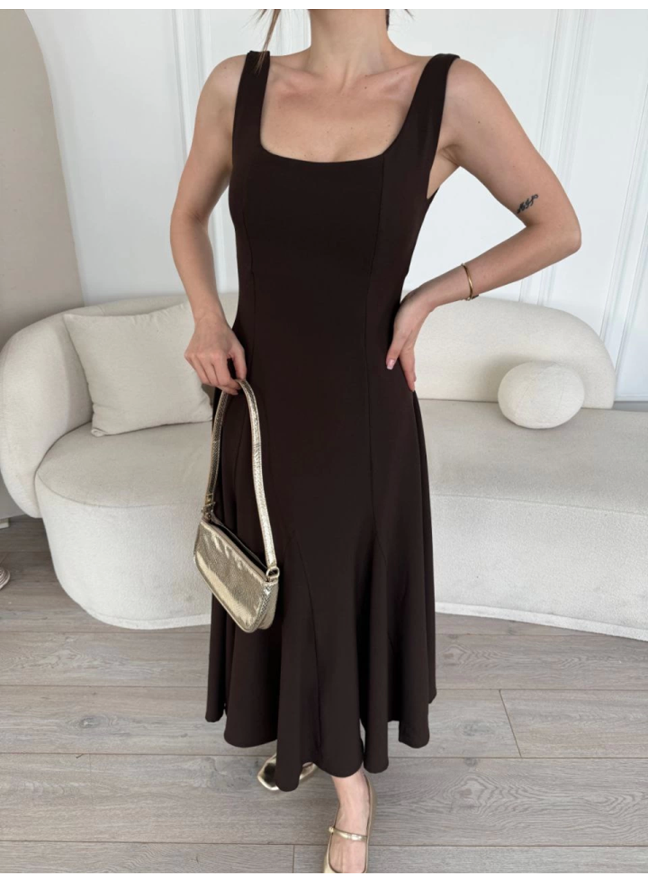 Sırt Dekolteli Kolsuz Uzun Elbise - Kahverengi