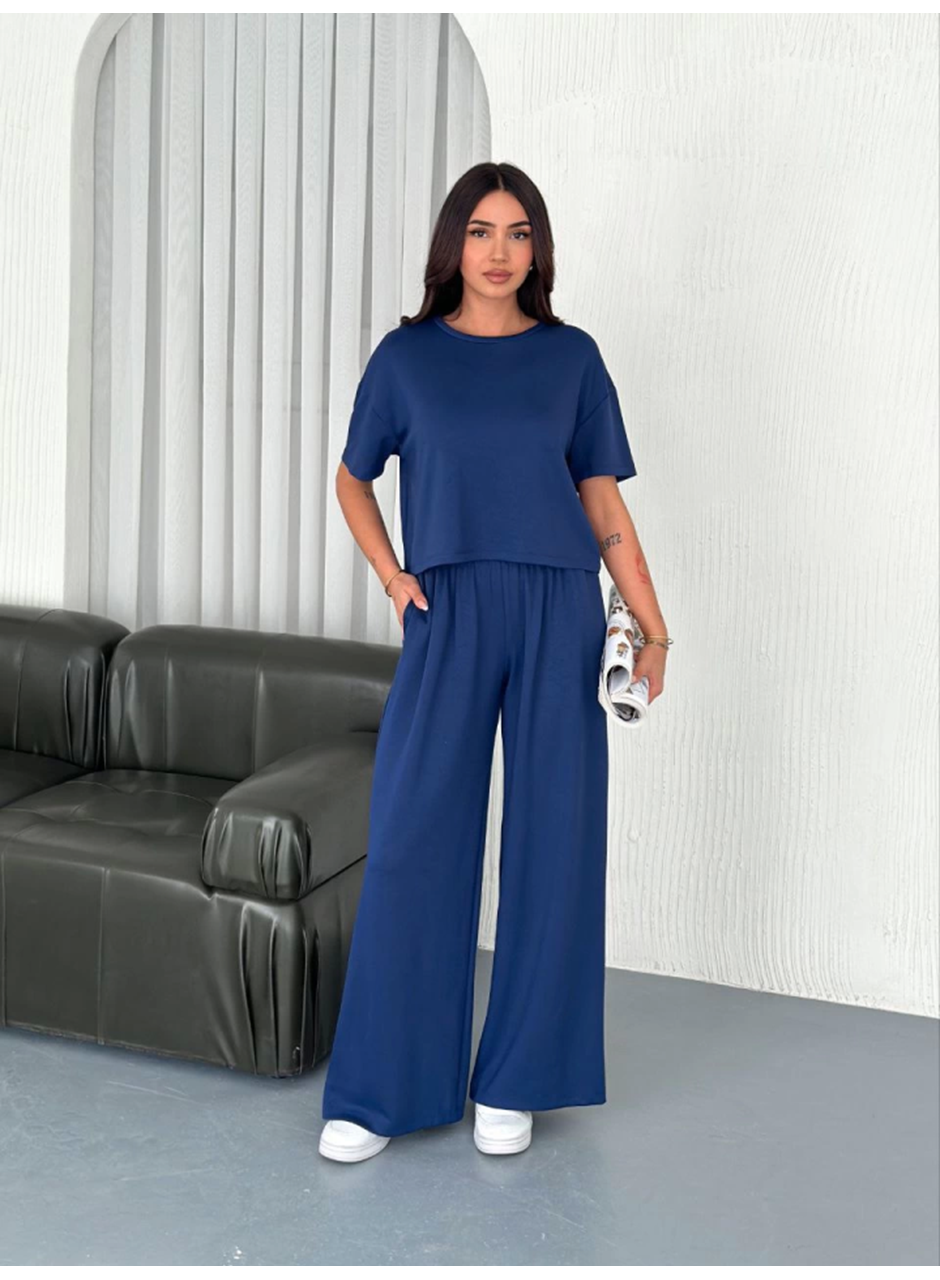 Osy Modal Yumuşak Dokulu Kumaş Bisiklet Yaka T-shirt Bol Paça Pantalon Ikili Takım -Saks Mavi