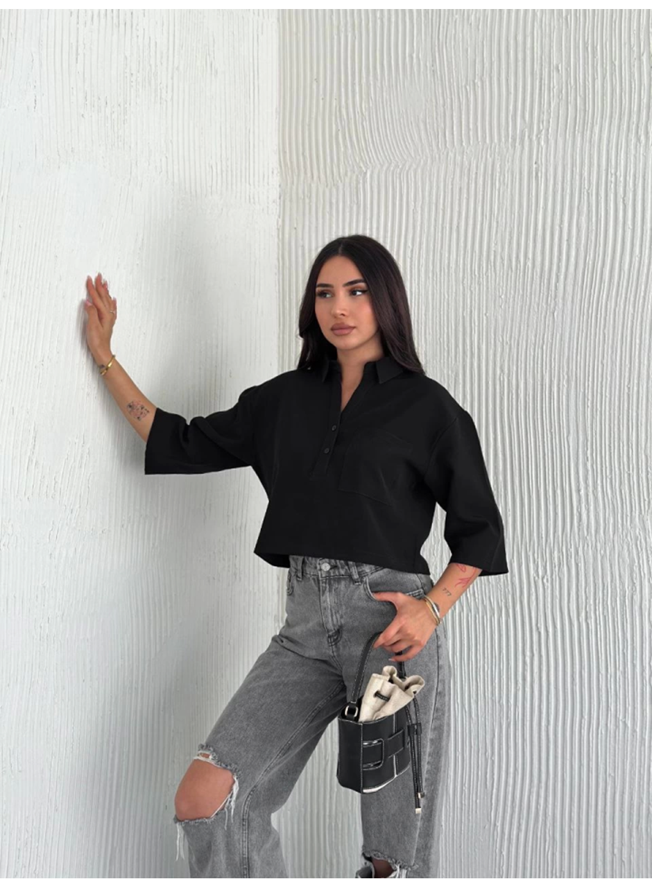 Crop Yakalı Gömlek Üç Çeyrek Sleeve Kol - Siyah