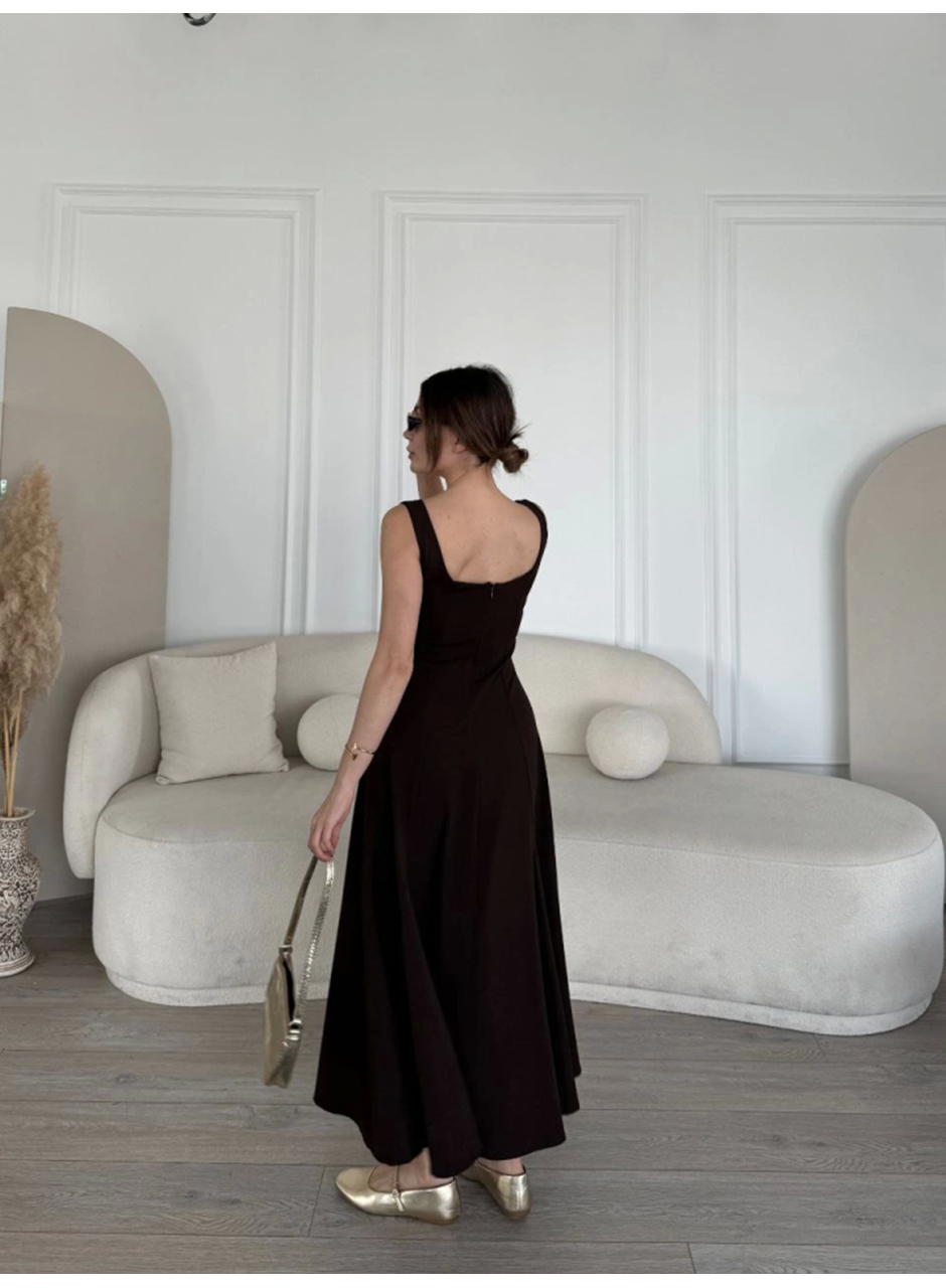 Sırt Dekolteli Kolsuz Uzun Elbise - Kahverengi