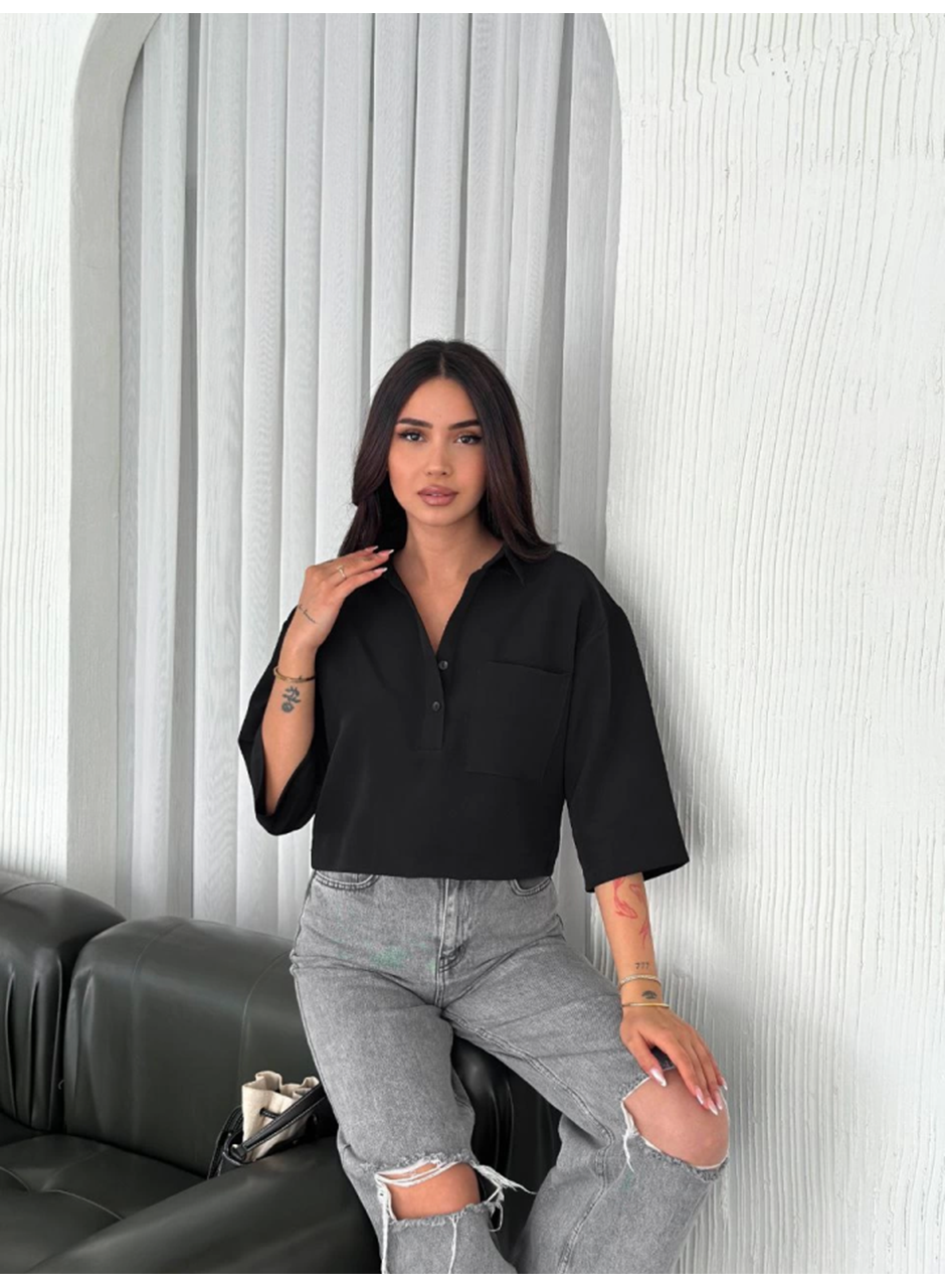 Crop Yakalı Gömlek Üç Çeyrek Sleeve Kol - Siyah