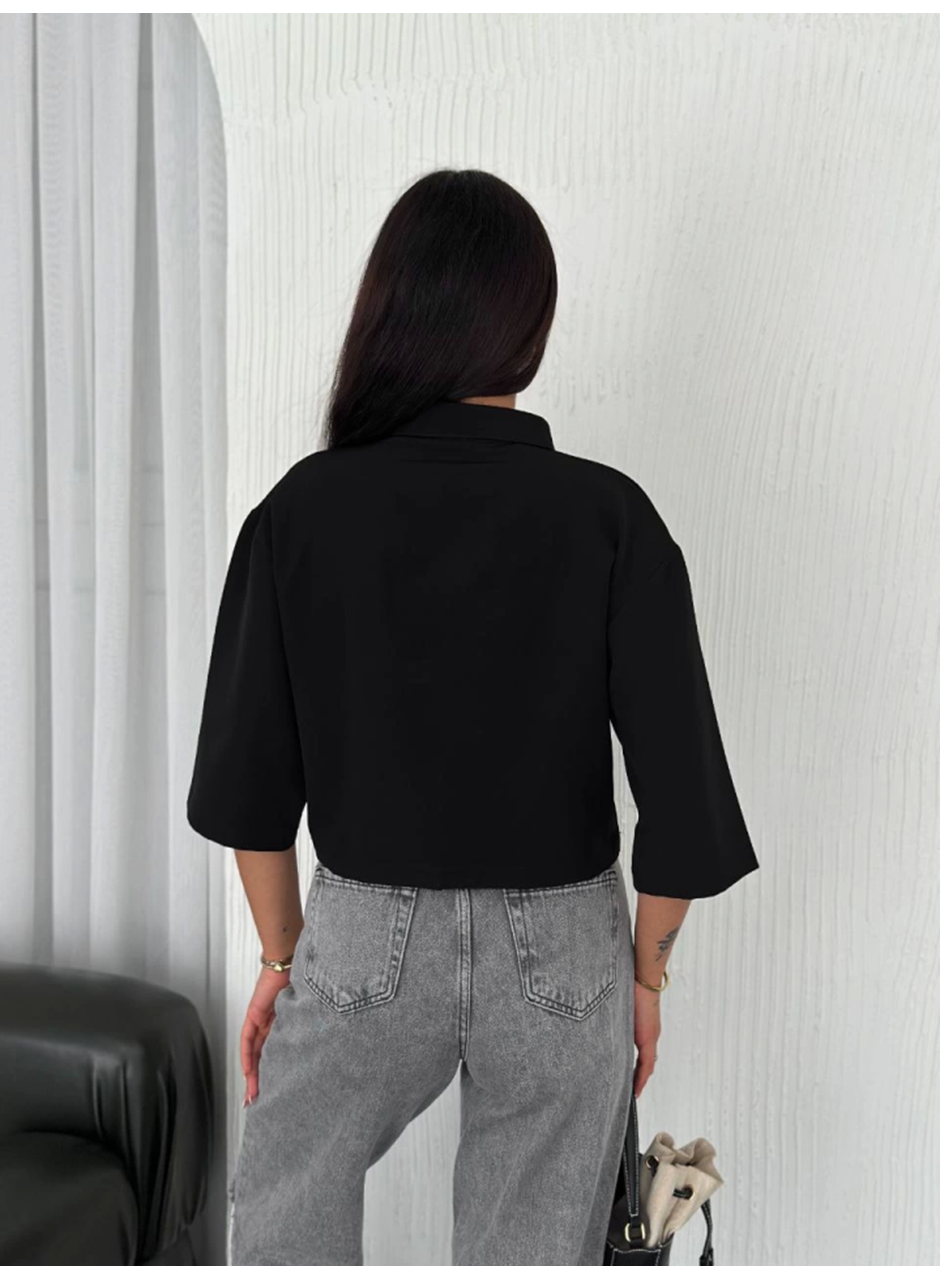 Crop Yakalı Gömlek Üç Çeyrek Sleeve Kol - Siyah