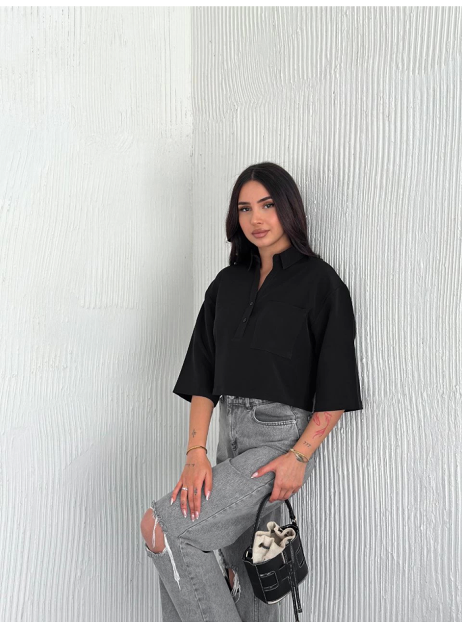 Crop Yakalı Gömlek Üç Çeyrek Sleeve Kol - Siyah