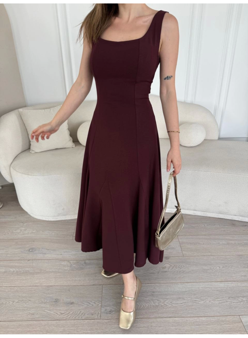 Sırt Dekolteli Kolsuz Uzun Elbise - Mürdüm