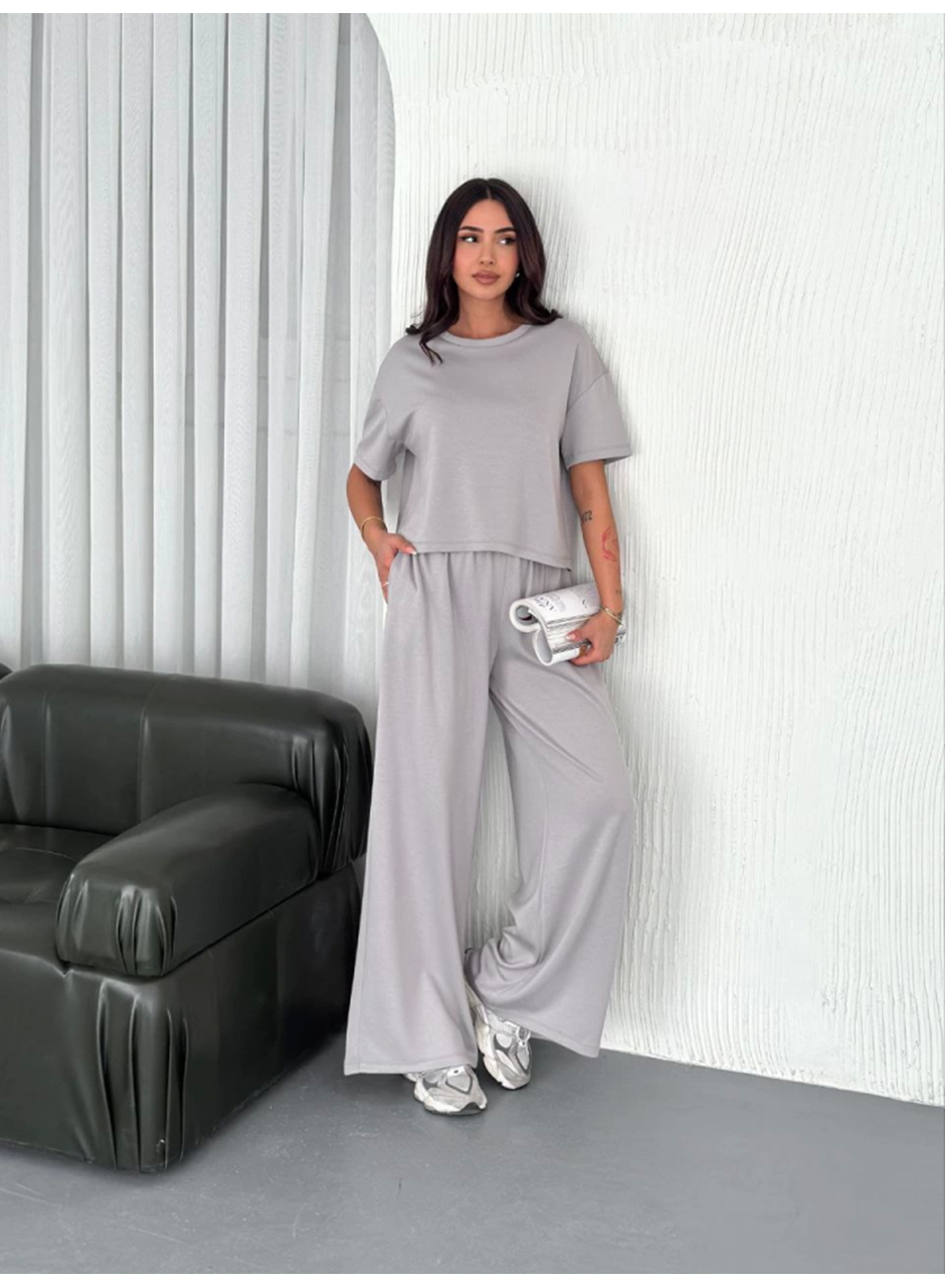 Osy Modal Yumuşak Dokulu Kumaş Bisiklet Yaka T-shirt  Bol Paça Pantalon Ikili Takım - Boyalı Gri