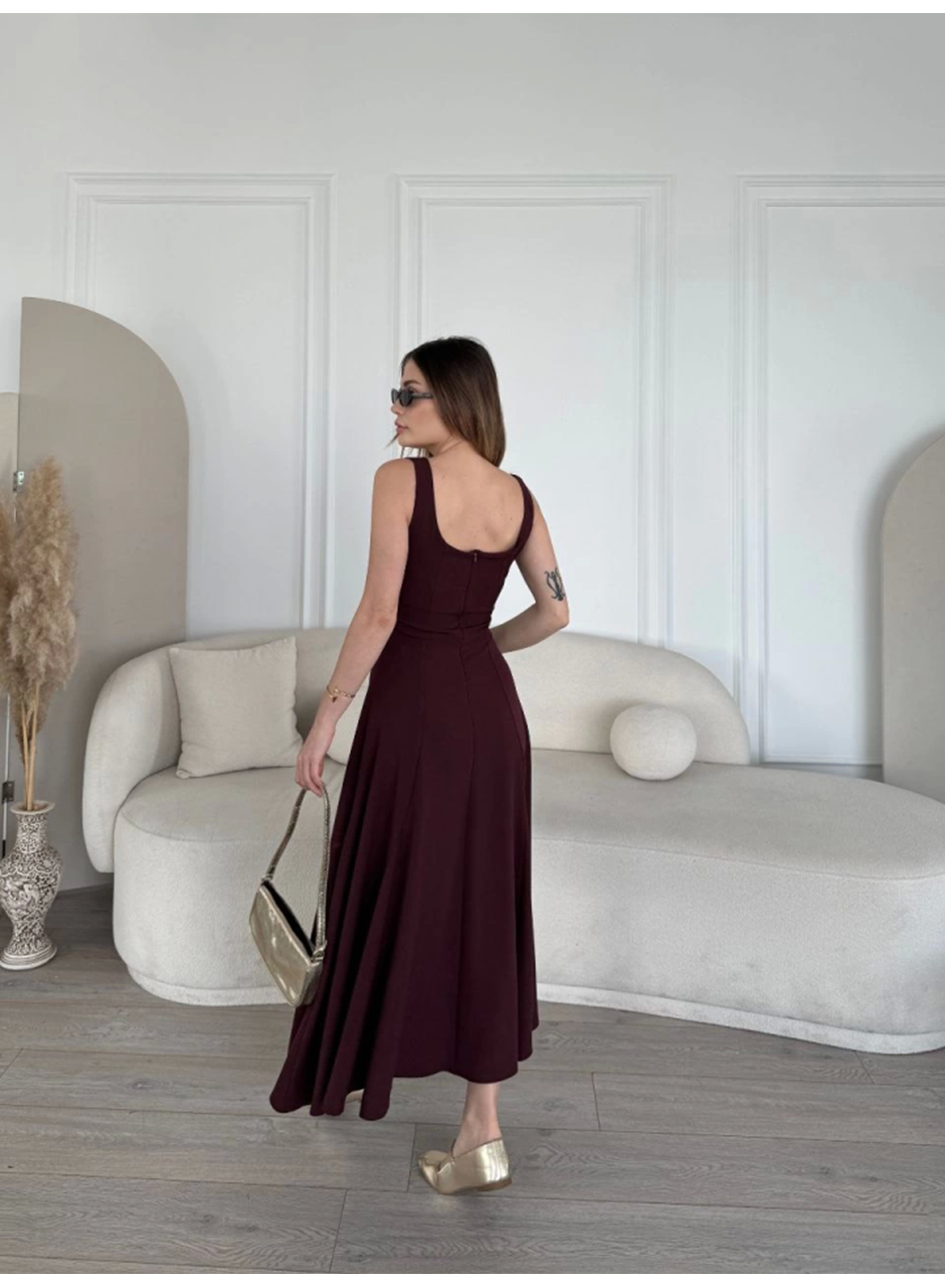 Sırt Dekolteli Kolsuz Uzun Elbise - Mürdüm