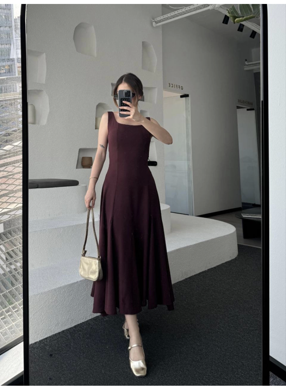 Sırt Dekolteli Kolsuz Uzun Elbise - Mürdüm