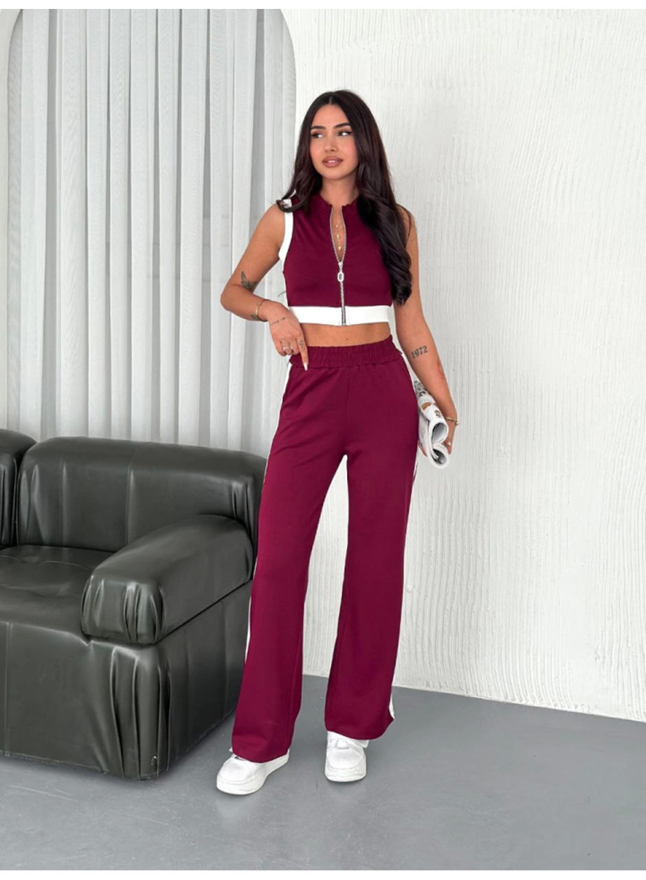 Osy Modal Yumuşak Dokulu Kumaş Tam Fermuarlı Crop Pantalon İkili Takım - Bordo