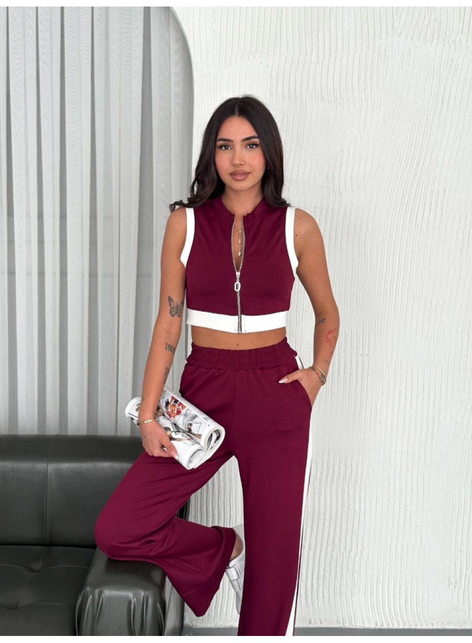 Osy Modal Yumuşak Dokulu Kumaş Tam Fermuarlı Crop Pantalon İkili Takım - Bordo