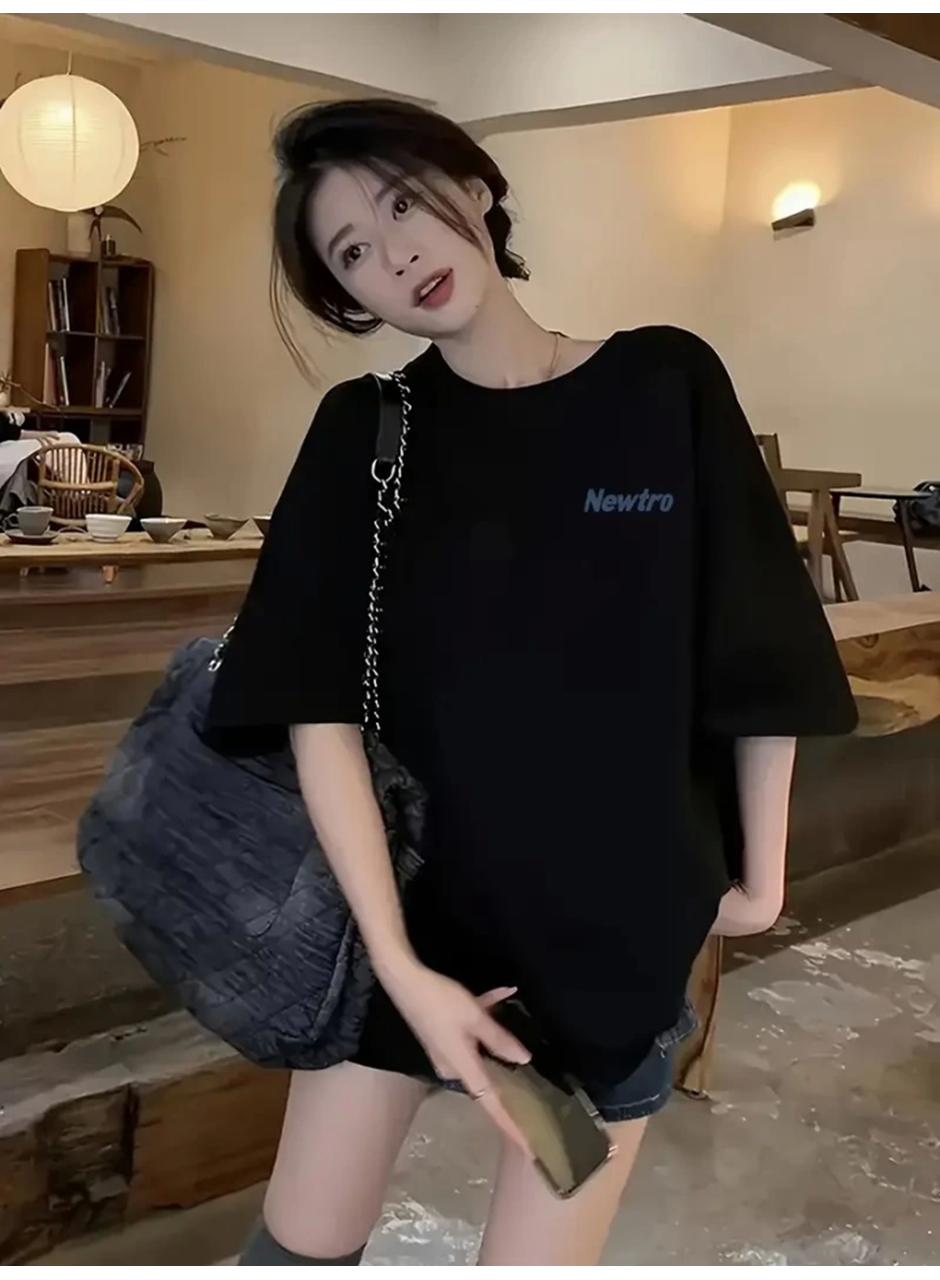 Baskılı Oversize Bisiklet Yaka T-shirt - Siyah