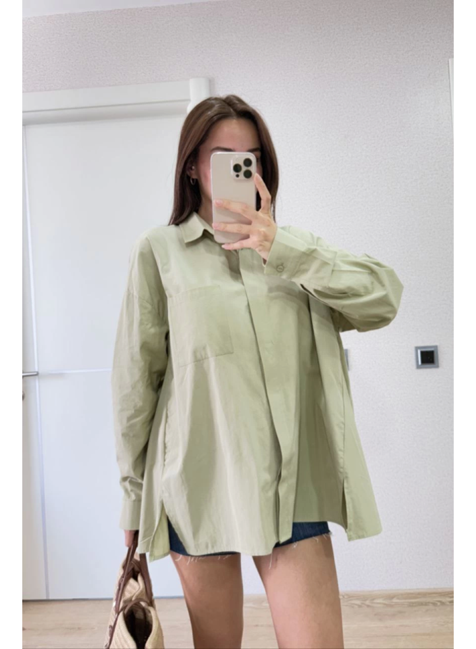 Yakalı Yandan Yırtmaçlı Gömlek - Yeşil