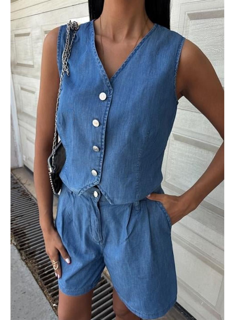 Gümüş Düğmeli Yelek Ve Şort Tensel Takım 10174