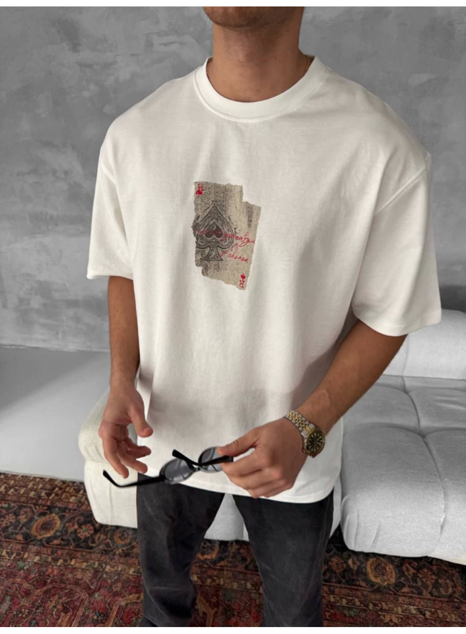 Erkek Ön Ve Arka Baskılı Oversize Bisiklet Yaka T-shirt - Beyaz
