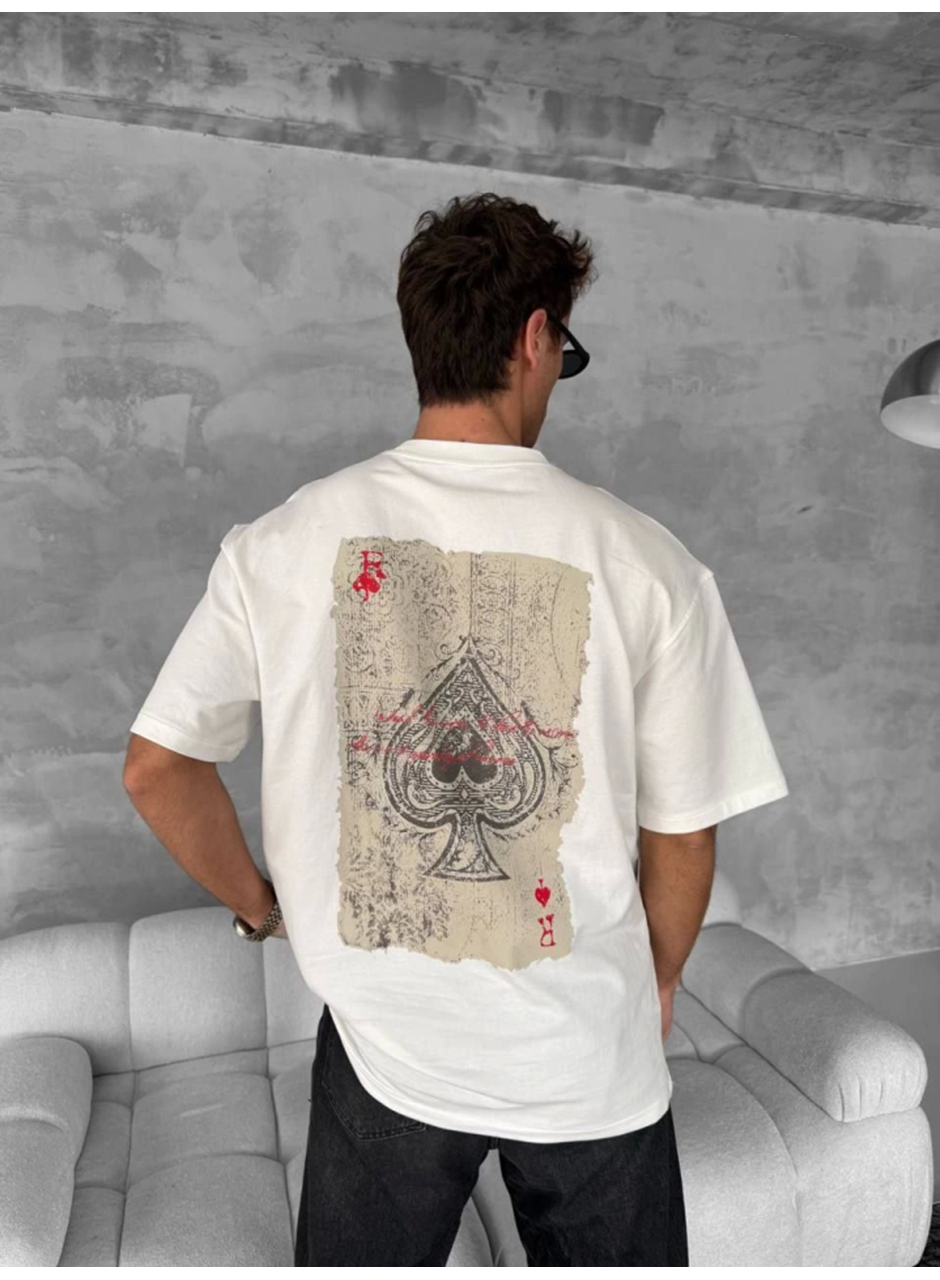 Erkek Ön Ve Arka Baskılı Oversize Bisiklet Yaka T-shirt - Beyaz