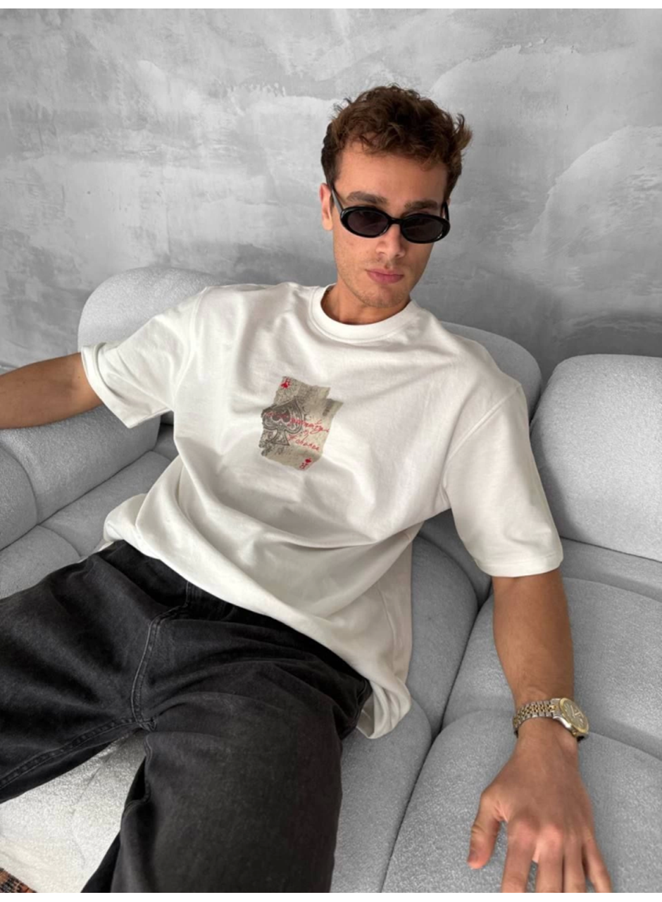 Erkek Ön Ve Arka Baskılı Oversize Bisiklet Yaka T-shirt - Beyaz