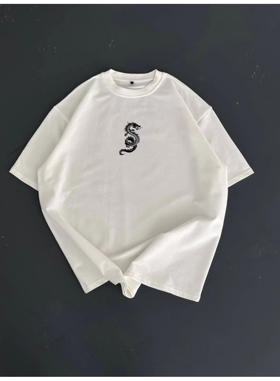 Baskılı Oversize Bisiklet Yaka T-shirt - Beyaz