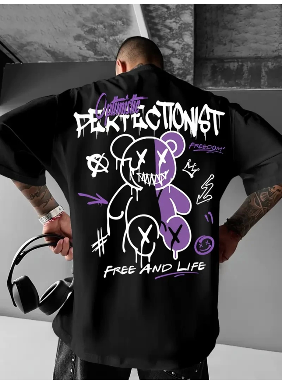 Baskılı Oversize Bisiklet Yaka T-shirt - Siyah