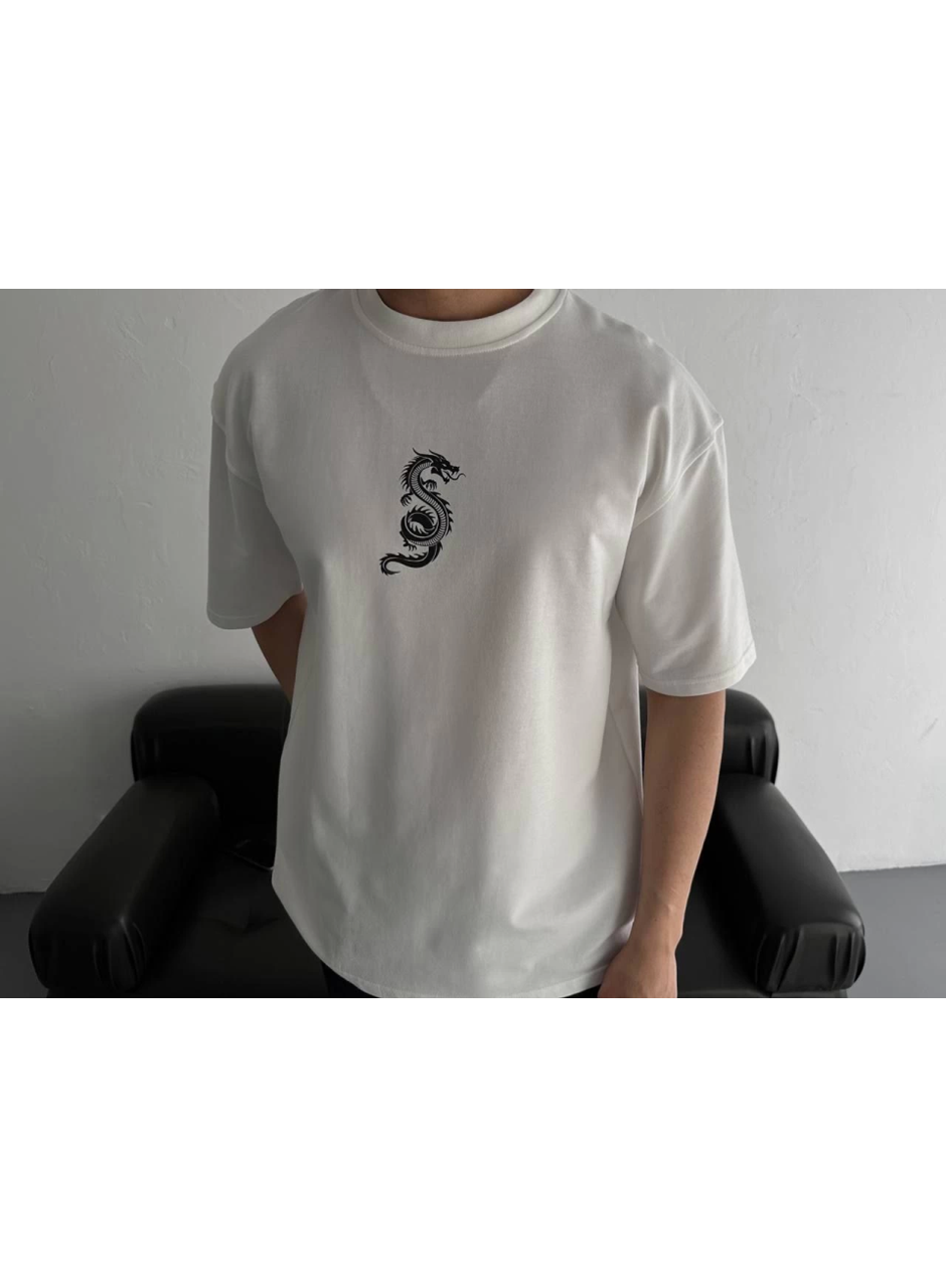 Baskılı Oversize Bisiklet Yaka T-shirt - Beyaz