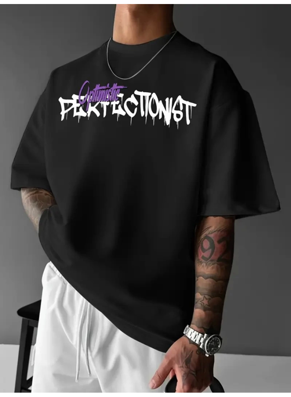 Baskılı Oversize Bisiklet Yaka T-shirt - Siyah