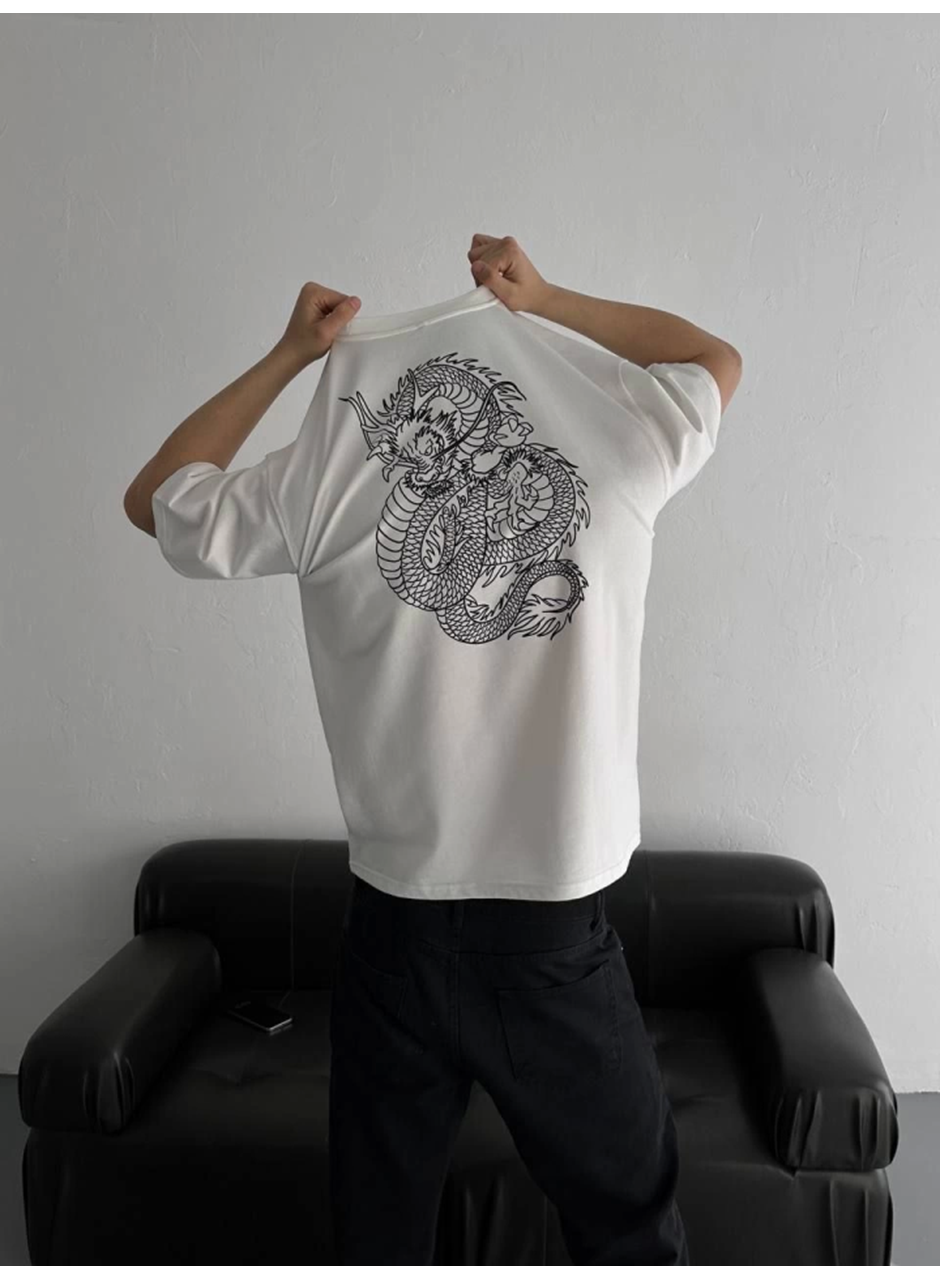 Baskılı Oversize Bisiklet Yaka T-shirt - Beyaz