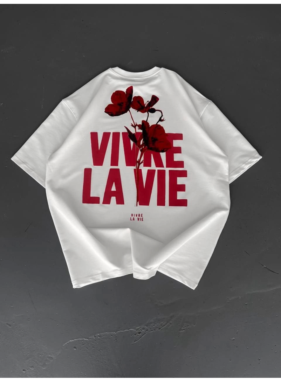 Baskılı Oversize Bisiklet Yaka T-shirt - Beyaz