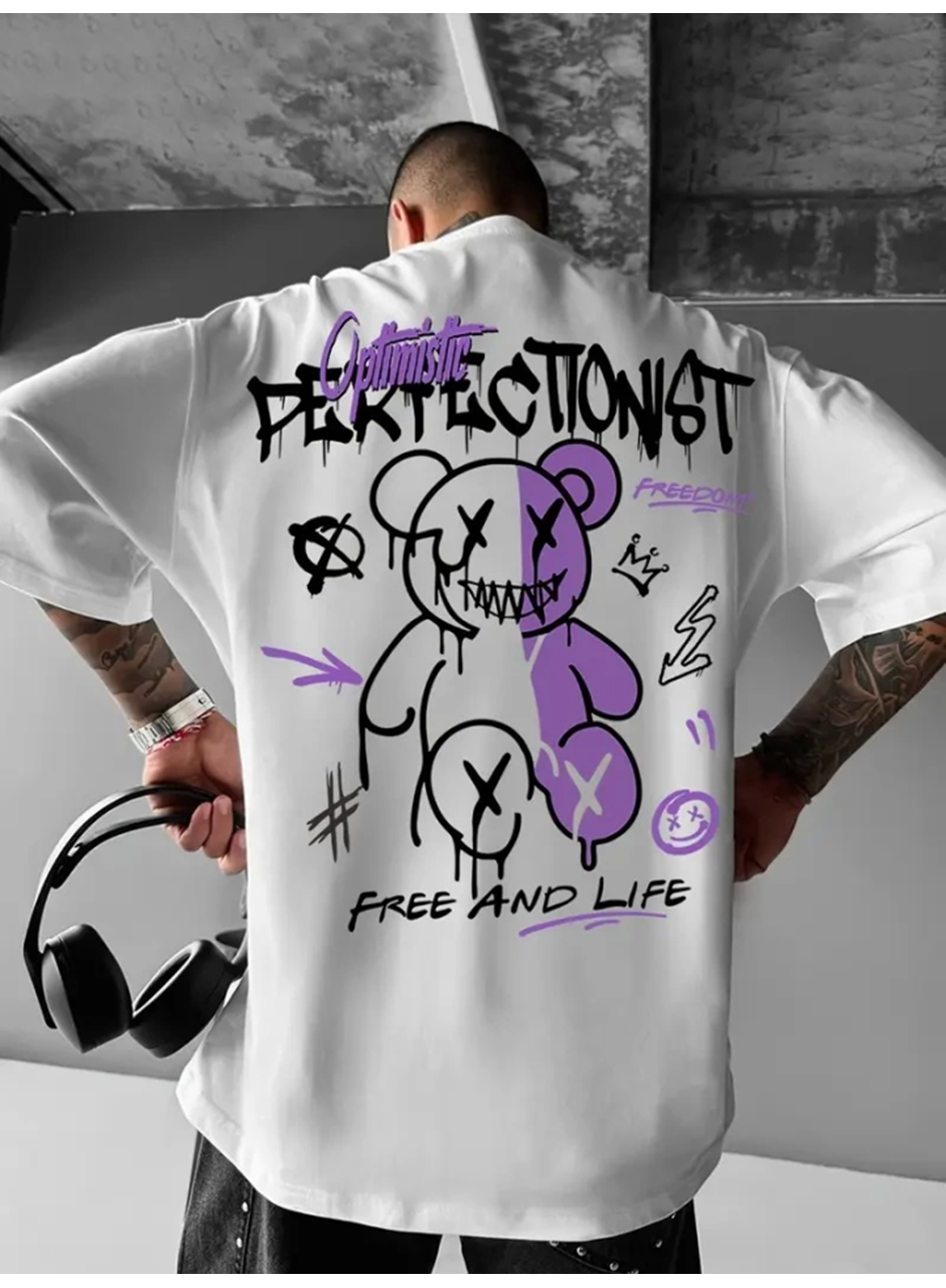 Baskılı Oversize Bisiklet Yaka T-shirt - Beyaz