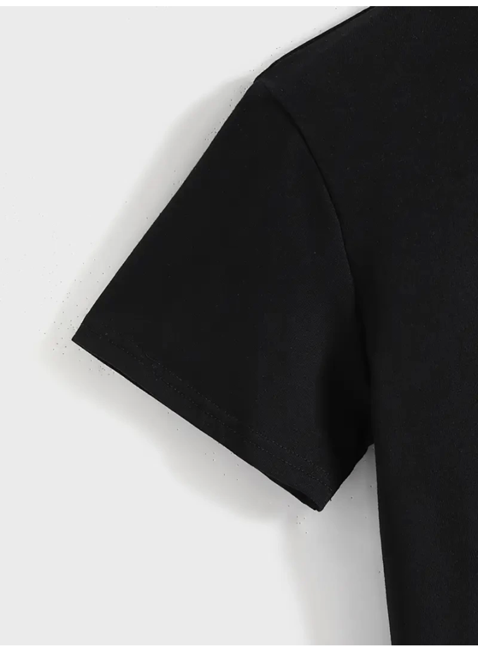 Baskılı Oversize Bisiklet Yaka T-shirt - Siyah