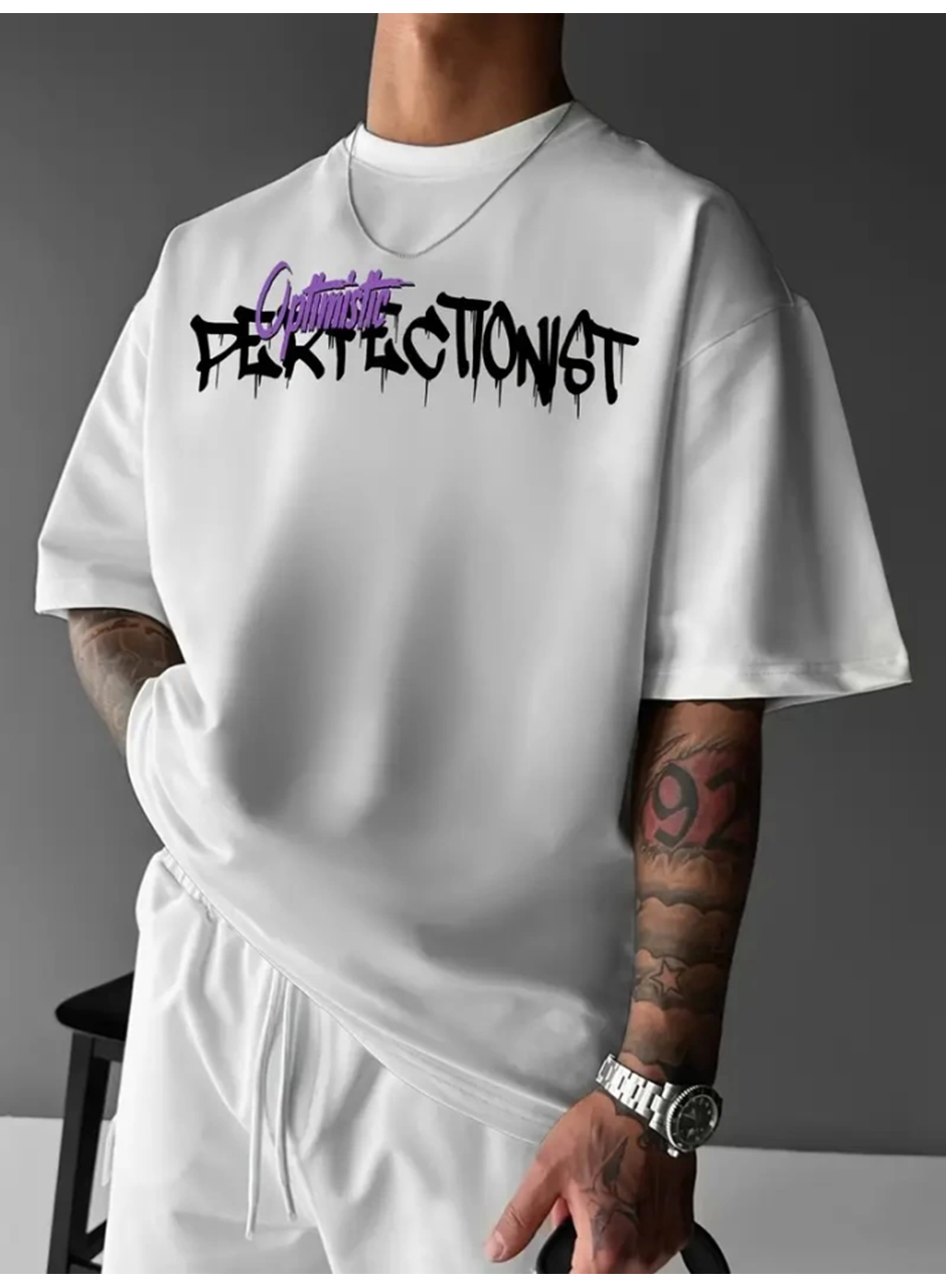 Baskılı Oversize Bisiklet Yaka T-shirt - Beyaz