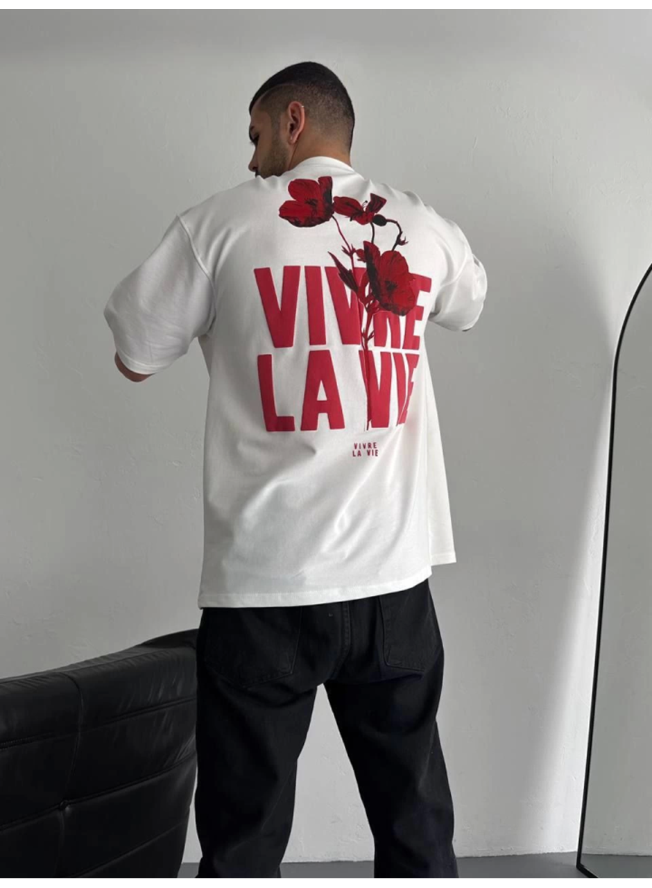 Baskılı Oversize Bisiklet Yaka T-shirt - Beyaz