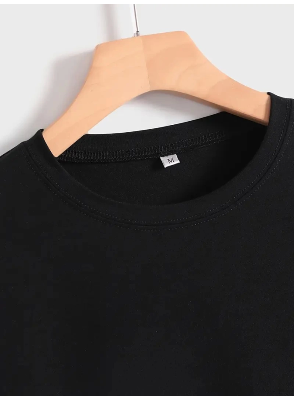 Baskılı Oversize Bisiklet Yaka T-shirt - Siyah