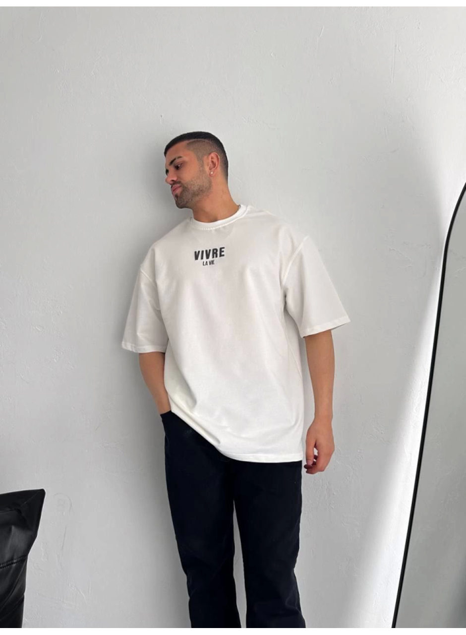 Baskılı Oversize Bisiklet Yaka T-shirt - Beyaz