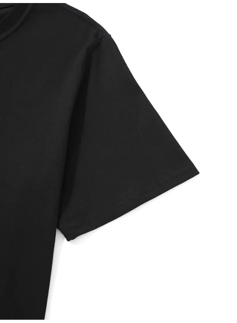 Baskılı Oversize Bisiklet Yaka T-shirt - Siyah