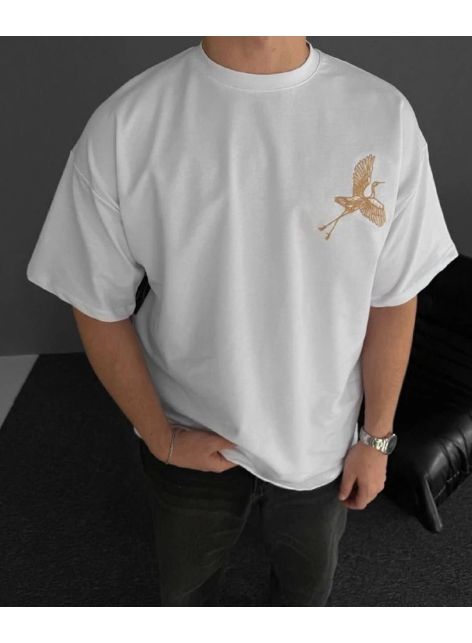 Ön Ve Arka Baskılı Oversize Bisiklet Yaka T-shirt - Beyaz