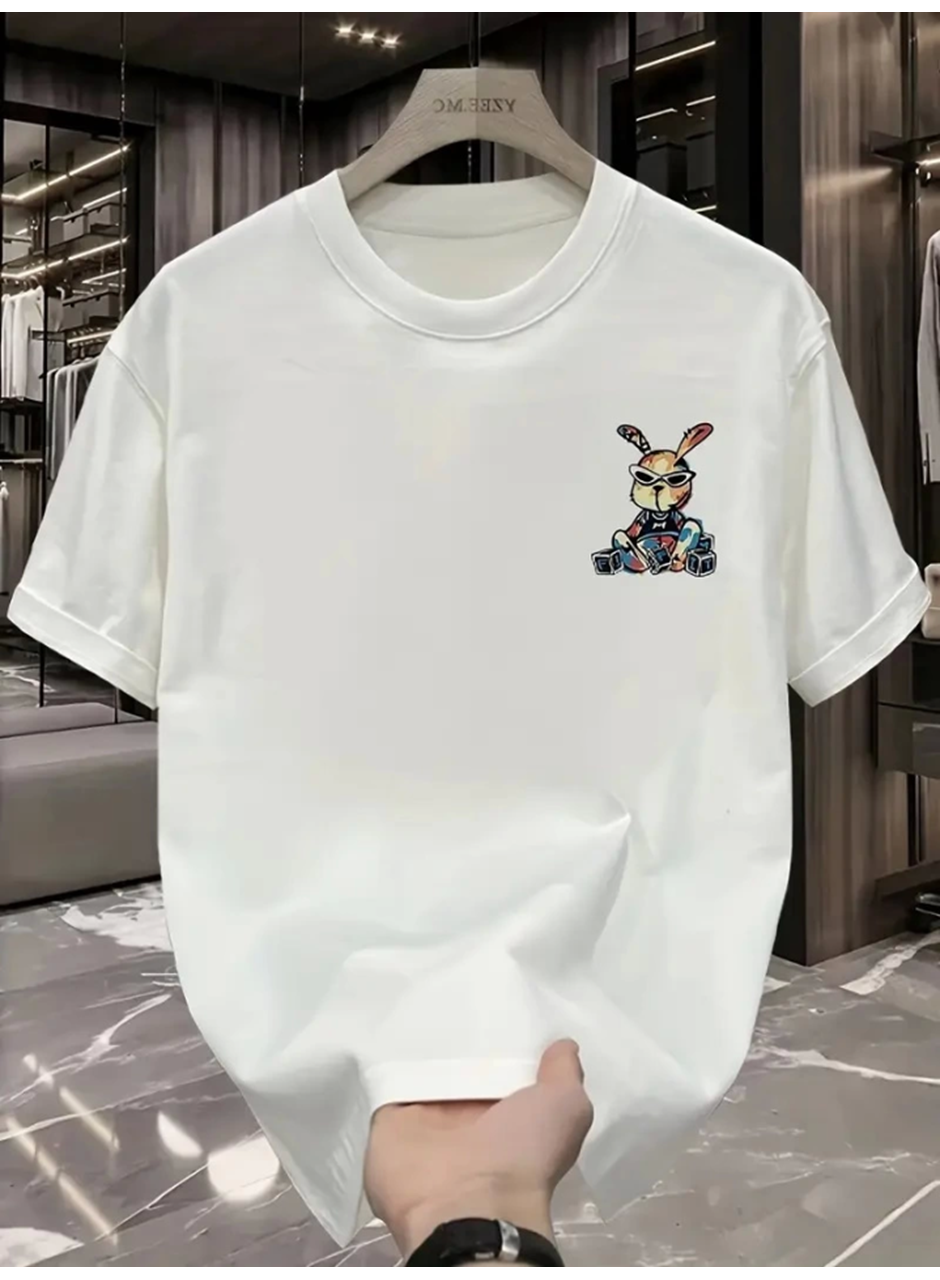 Baskılı Oversize Bisiklet Yaka T-shirt - Beyaz