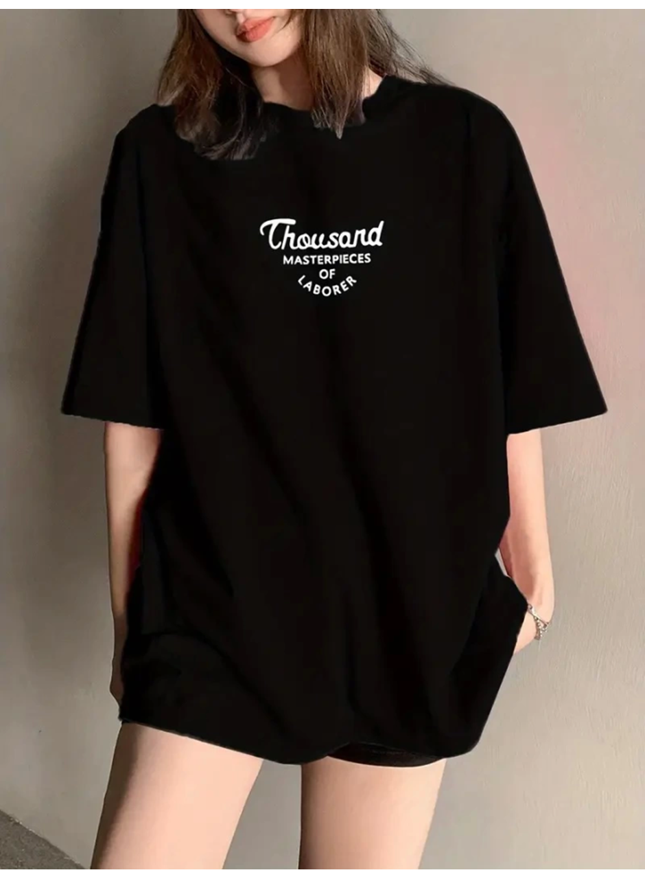 Thousand Baskılı Oversize Bisiklet Yaka T-shirt - Siyah