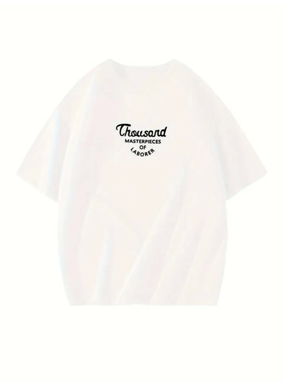 Thousand Baskılı Oversize Bisiklet Yaka T-shirt - Beyaz