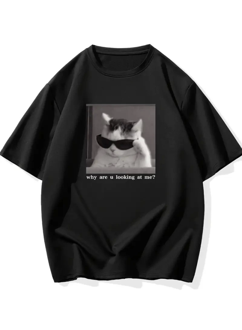 Baskılı Oversize Bisiklet Yaka T-shirt - Siyah