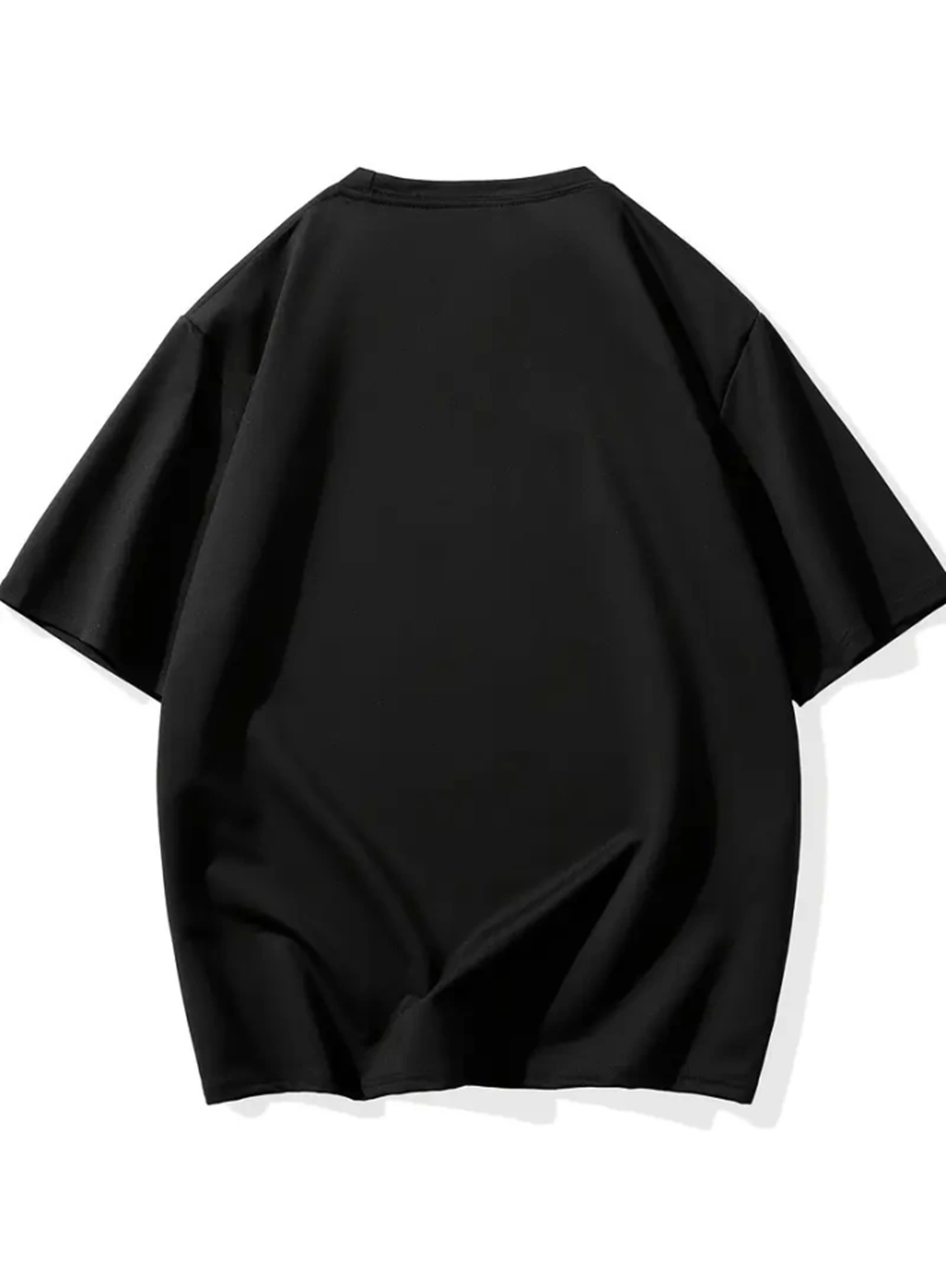 Baskılı Oversize Bisiklet Yaka T-shirt - Siyah