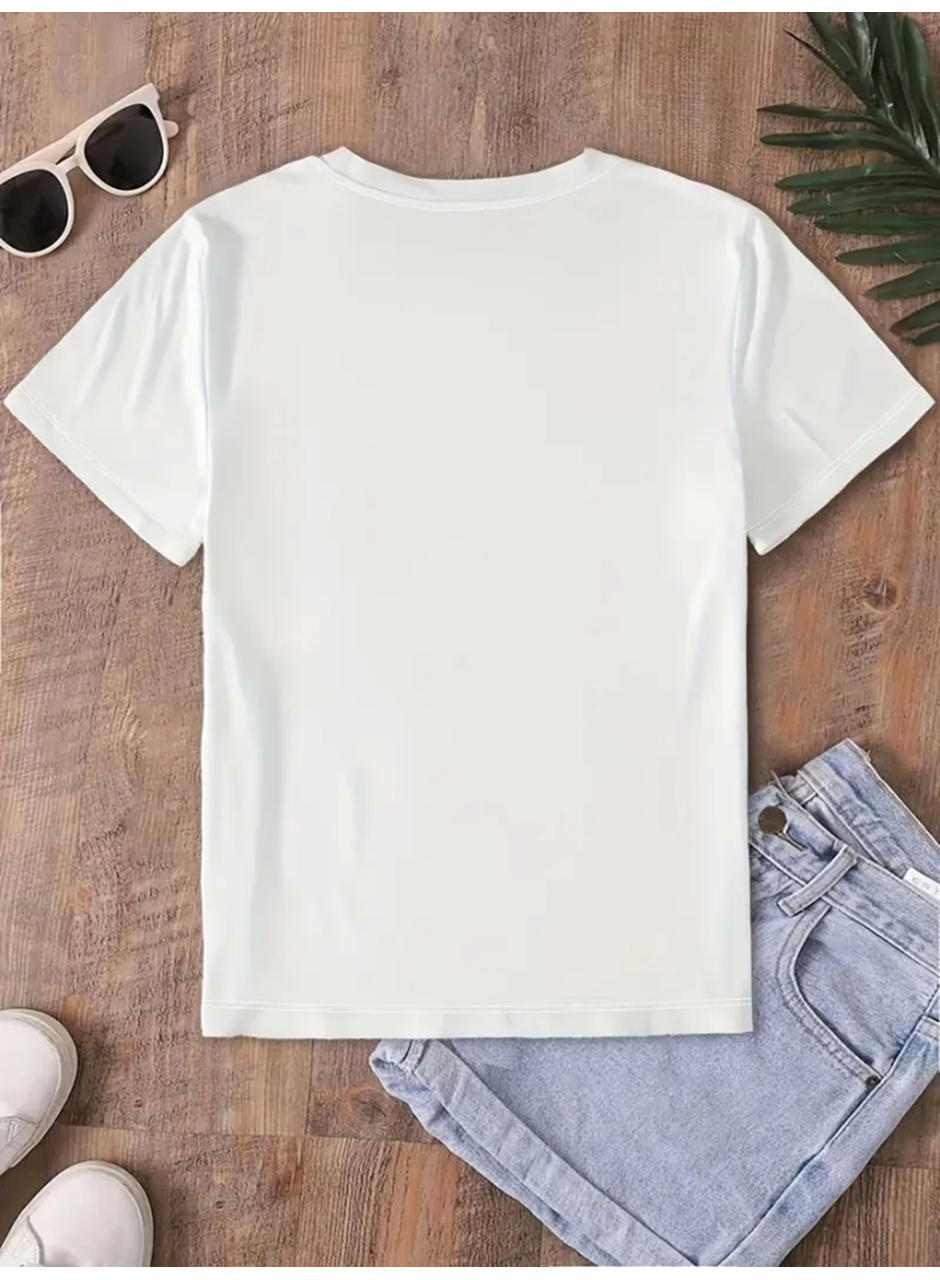 Fiyonk Baskılı Oversize Bisiklet Yaka T-shirt - Beyaz