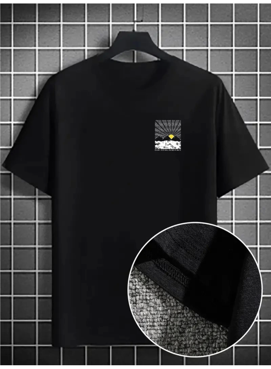 Erkek Dağ Grafikli Tişört, Yaz Için Büyük Beden Rahat T-shirt - Siyah