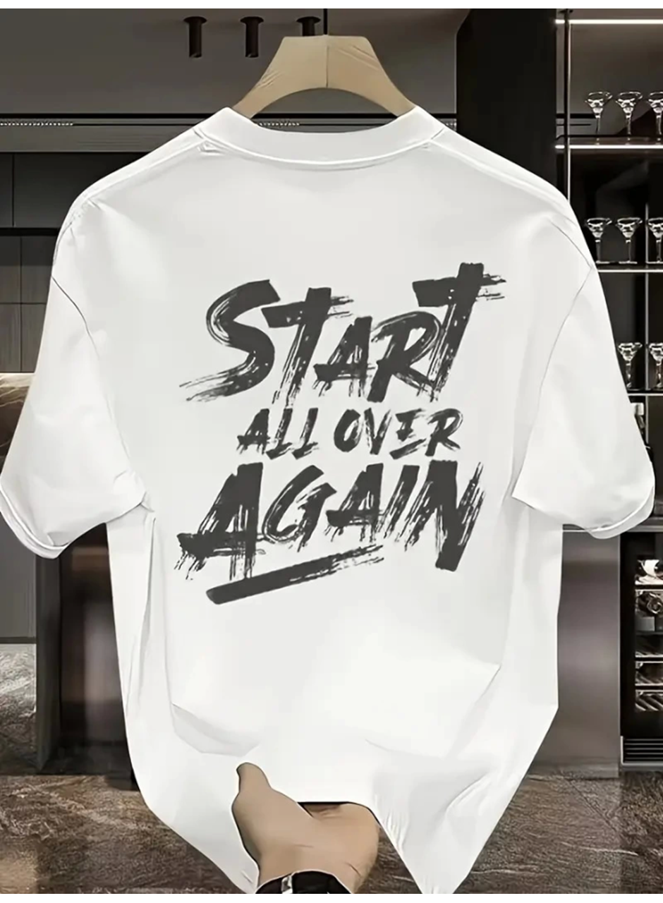 Baskılı Oversize Bisiklet Yaka T-shirt - Beyaz