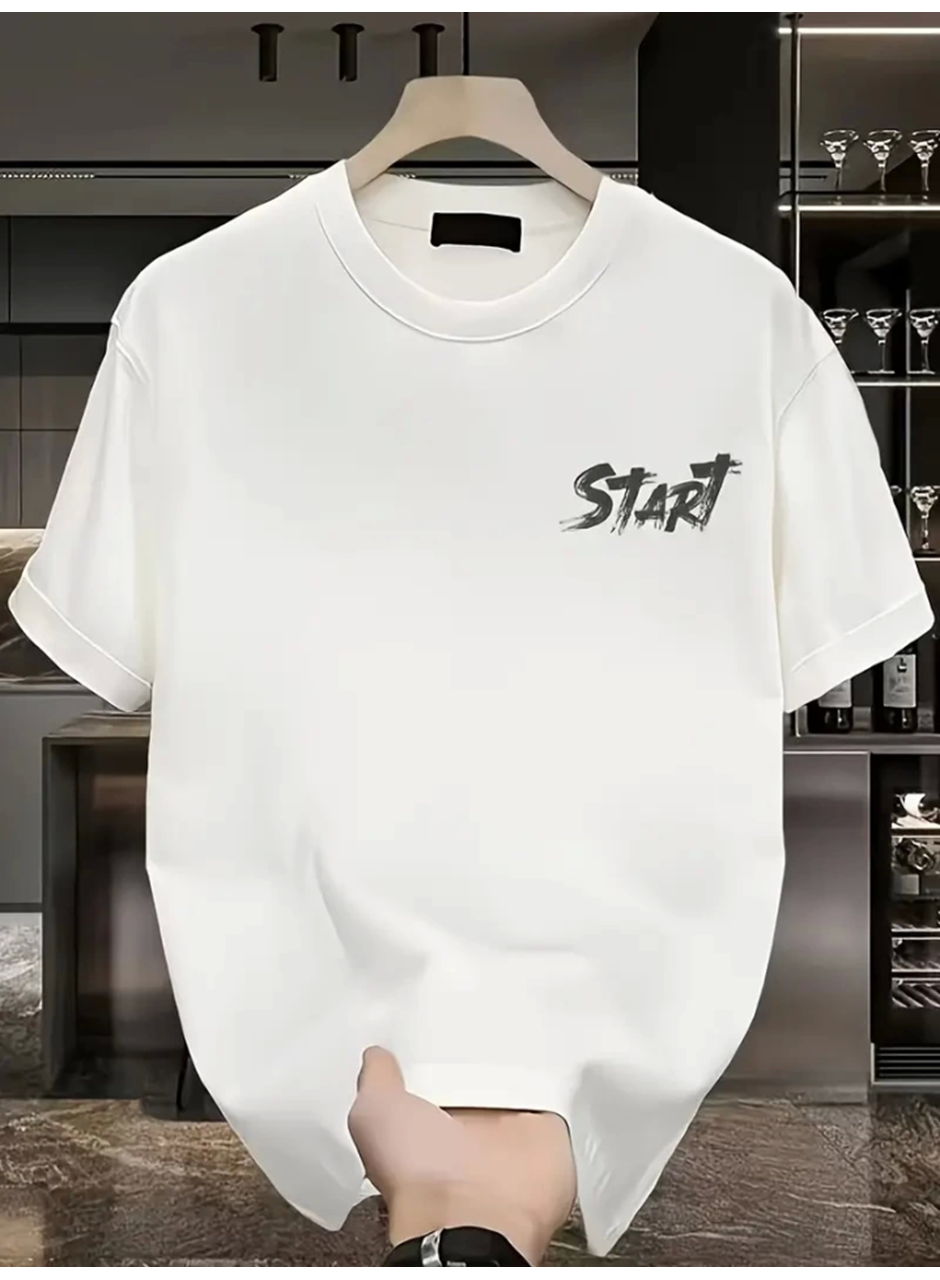 Baskılı Oversize Bisiklet Yaka T-shirt - Beyaz