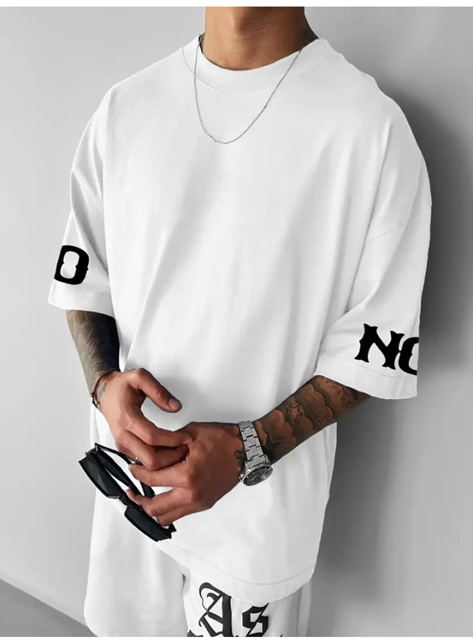 Baskılı Oversize Bisiklet Yaka T-shirt - Beyaz