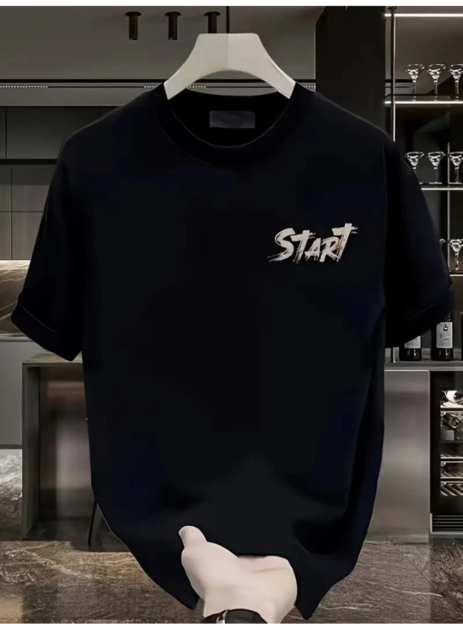 Baskılı Oversize Bisiklet Yaka T-shirt - Siyah