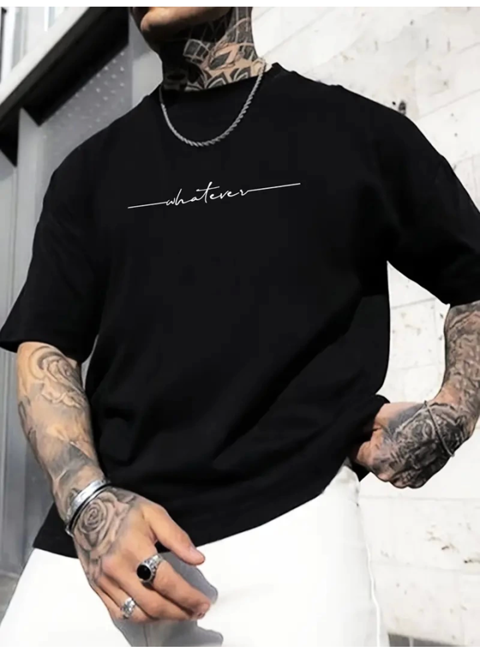 Baskılı Oversize Bisiklet Yaka T-shirt - Siyah