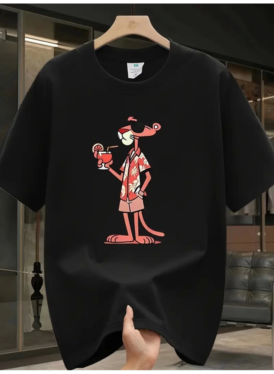 Baskılı Oversize Bisiklet Yaka T-shirt - Siyah