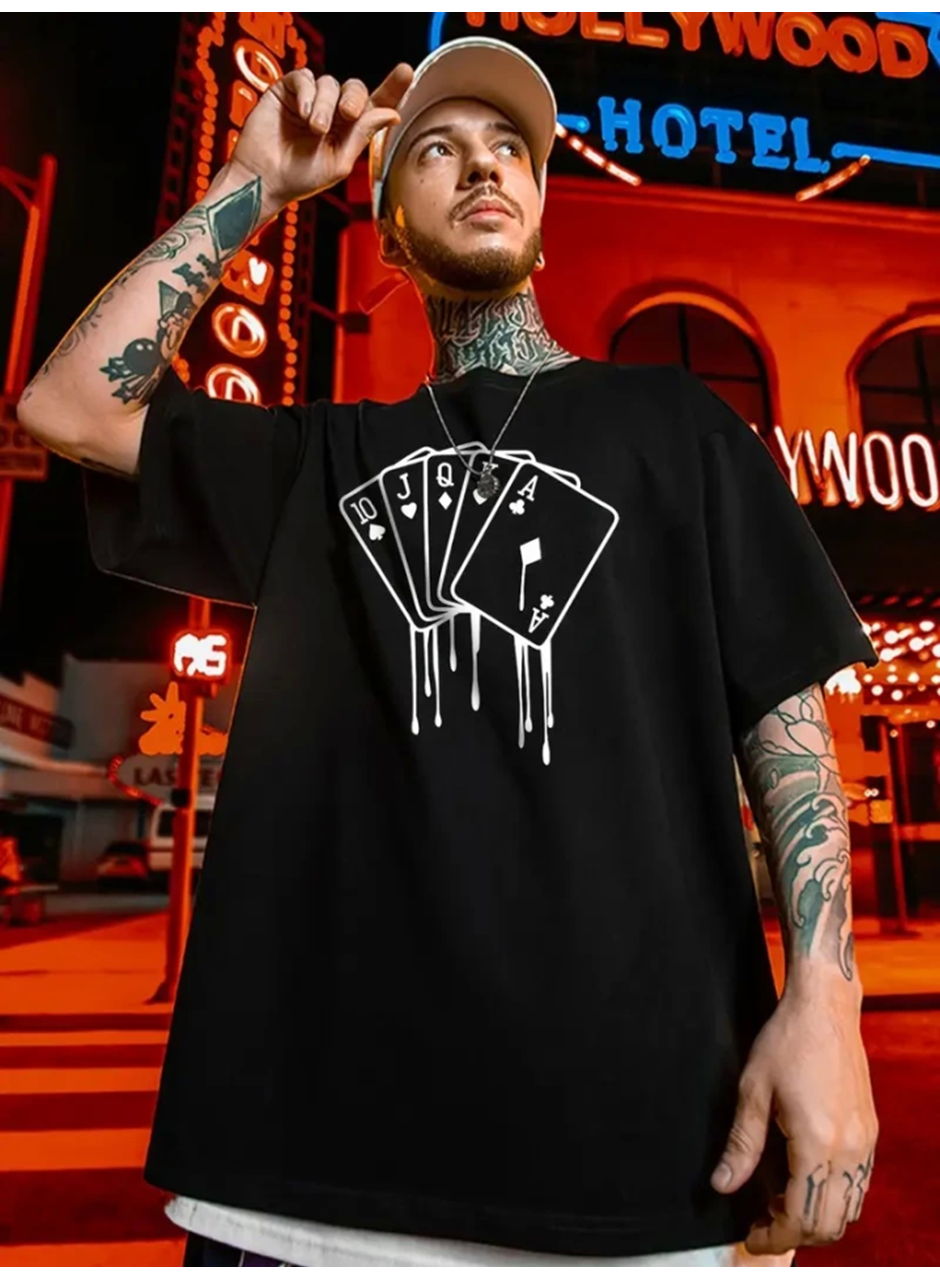 Erkek Büyük Beden Kart Baskılı Düz Renk Kısa Kollu Bisiklet Yaka Tişört Gündelik Giyim - Siyah