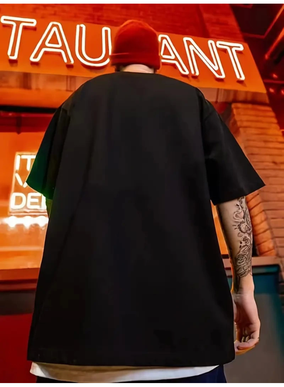 Erkek Büyük Beden Kart Baskılı Düz Renk Kısa Kollu Bisiklet Yaka Tişört Gündelik Giyim - Siyah