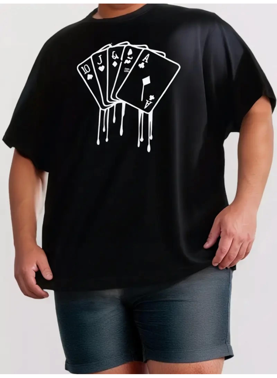 Erkek Büyük Beden Kart Baskılı Düz Renk Kısa Kollu Bisiklet Yaka Tişört Gündelik Giyim - Siyah
